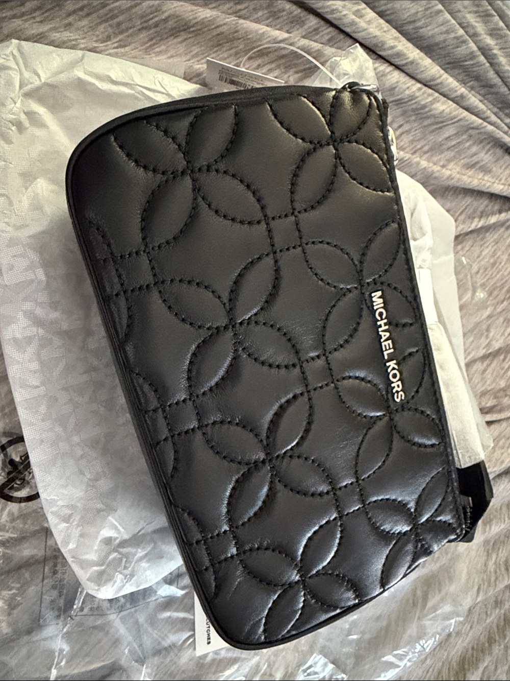Michael Kors Black Quilted Circle-Stitch Leather Wristlet
